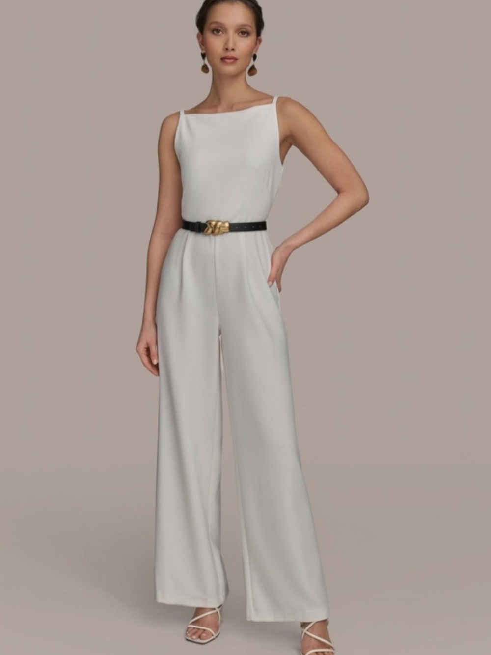 Donna Karan White Wide-Leg Jumpsuit with Black Belt